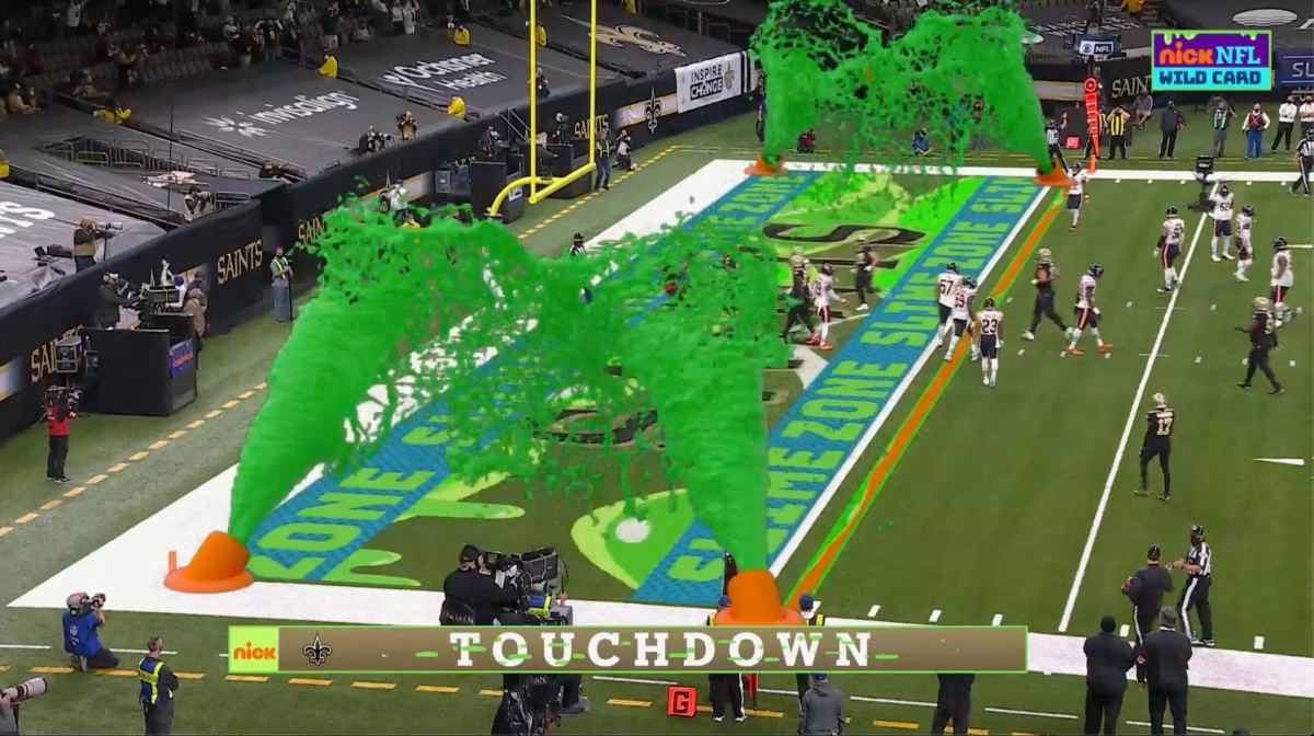 Graphics from Nickelodeon's broadcast of a playoff game in 2020 between the Bears and Saints.